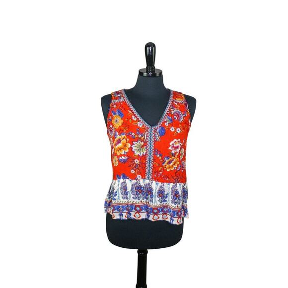 Patrons Of Peace Boho Top Embroidered Floral Hi Low Ruffle Sleeveless - Picture 1 of 5